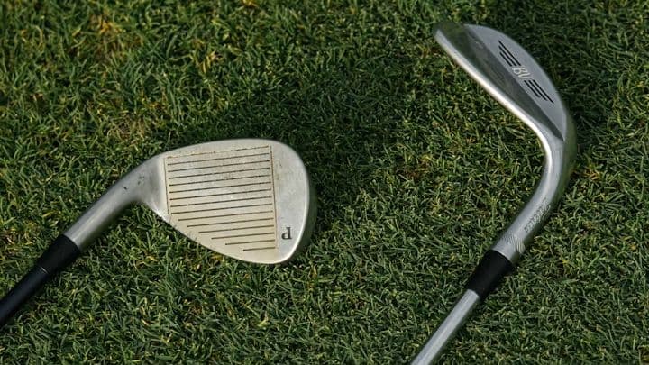 Two golf wedges resting on the grass